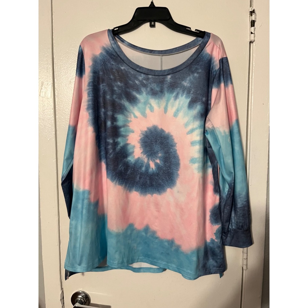 Womens Blue Pink Tie Dye Long Sleeve Tunic Top Crew Neck 1XL Relaxed Fit